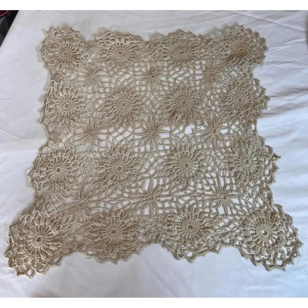 Vintage Handmade Crochet Doily Champagne Beige Floral Lace Square 14.5x12